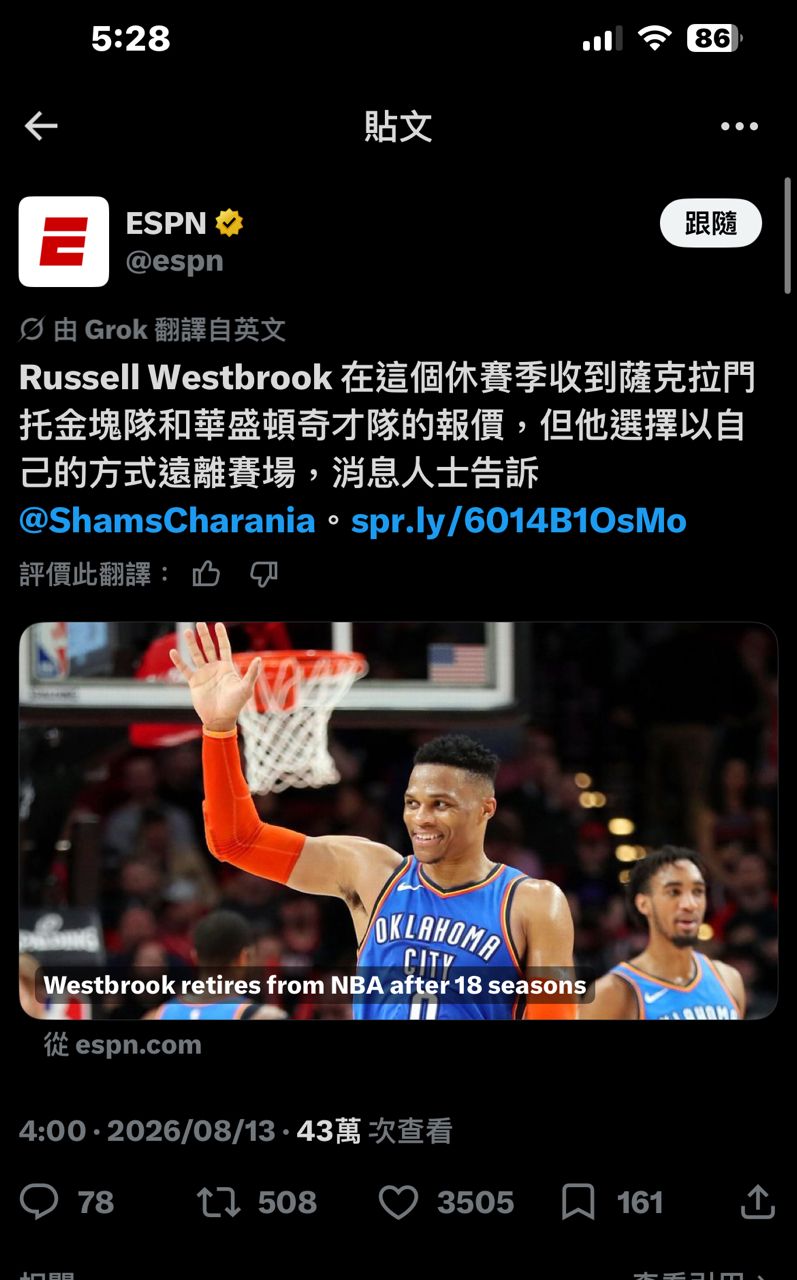 [情報] Russell Westbrook宣布退休 - 美國職籃 - PTT.BEST 批踢踢爆文