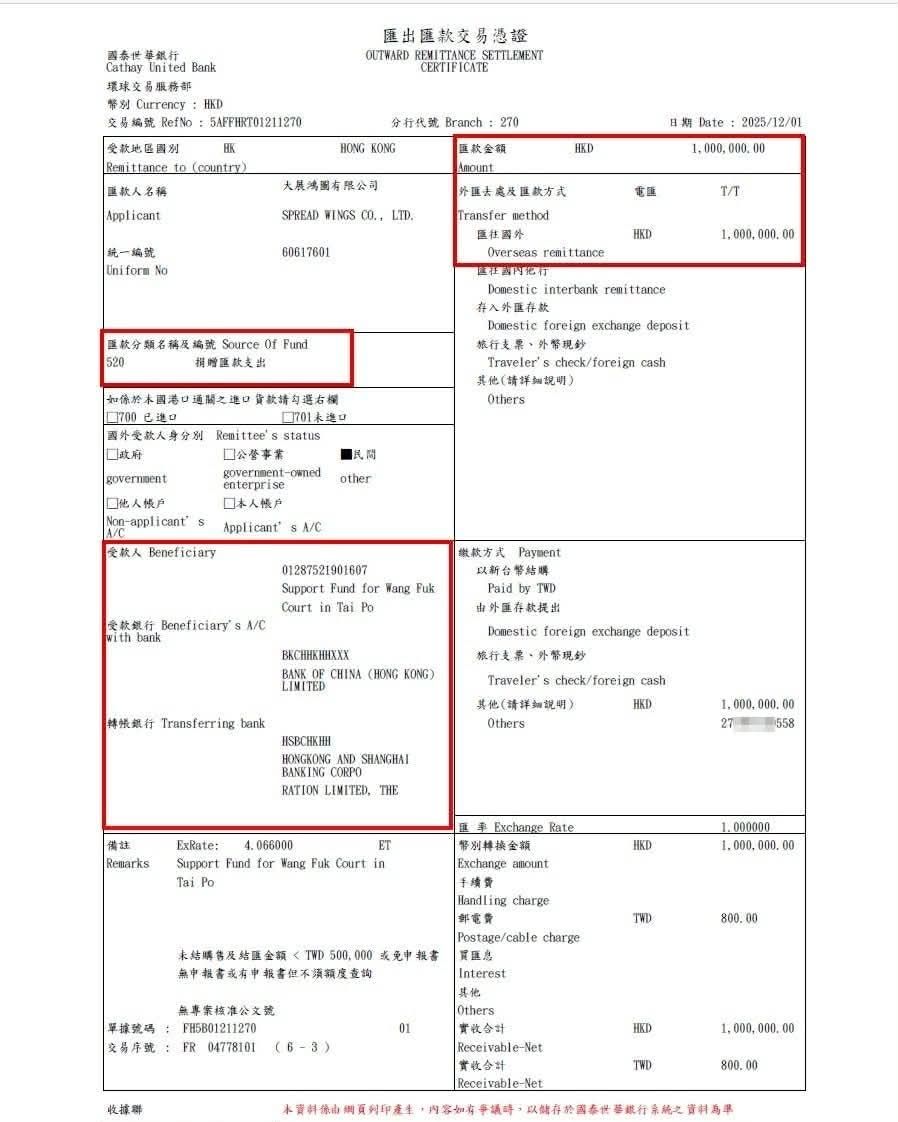 [轉錄] 飆捍FB 香港捐款匯款單